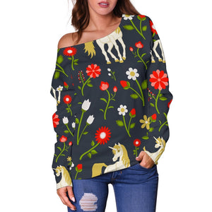 Magic Floral Unicorn Pattern Print Off Shoulder Sweatshirt GearFrost