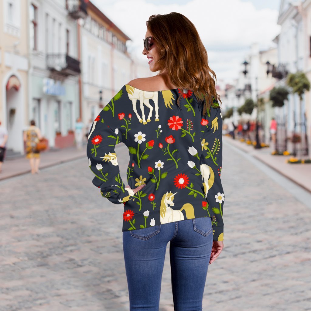 Magic Floral Unicorn Pattern Print Off Shoulder Sweatshirt GearFrost