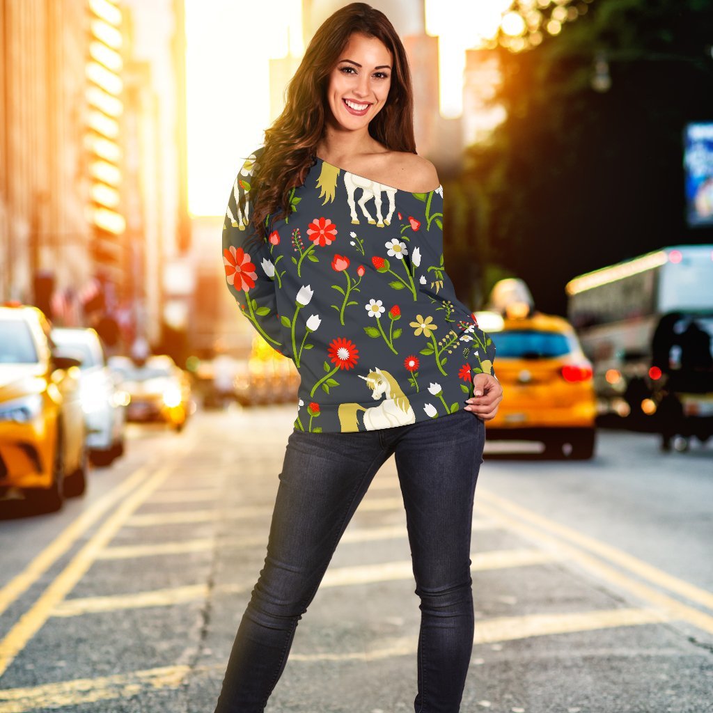 Magic Floral Unicorn Pattern Print Off Shoulder Sweatshirt GearFrost