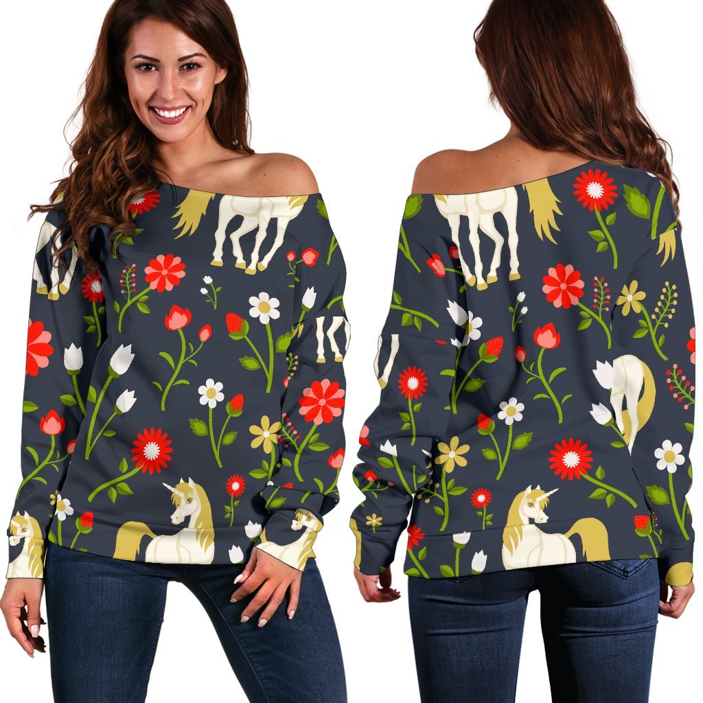 Magic Floral Unicorn Pattern Print Off Shoulder Sweatshirt GearFrost