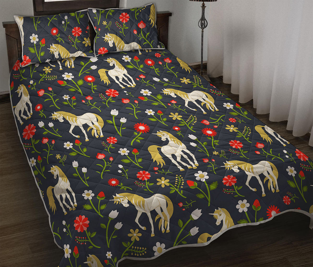 Magic Floral Unicorn Pattern Print Quilt Bed Set