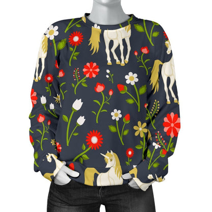 Magic Floral Unicorn Pattern Print Women's Crewneck Sweatshirt GearFrost
