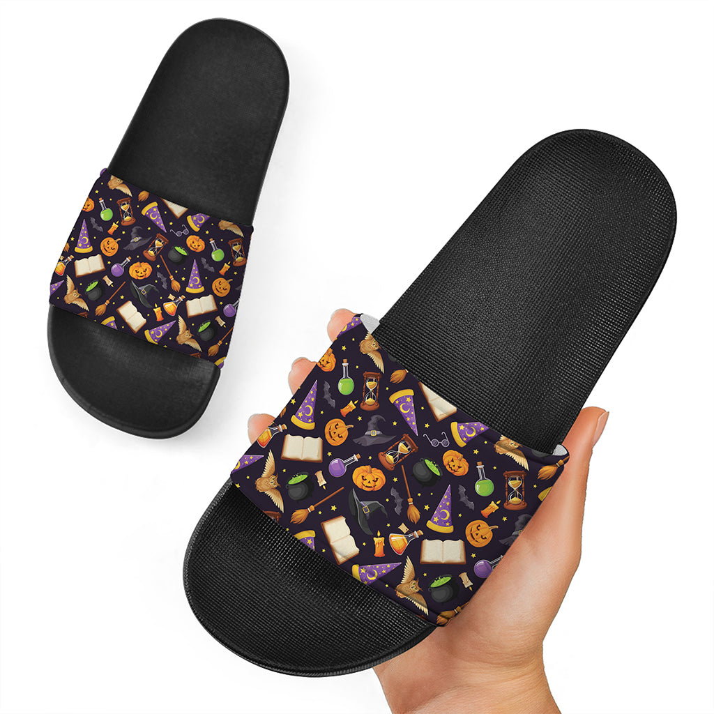Magic Wizard Pattern Print Black Slide Sandals