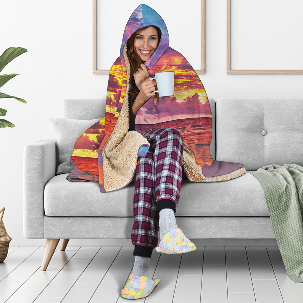Maldives Sunset Print Hooded Blanket