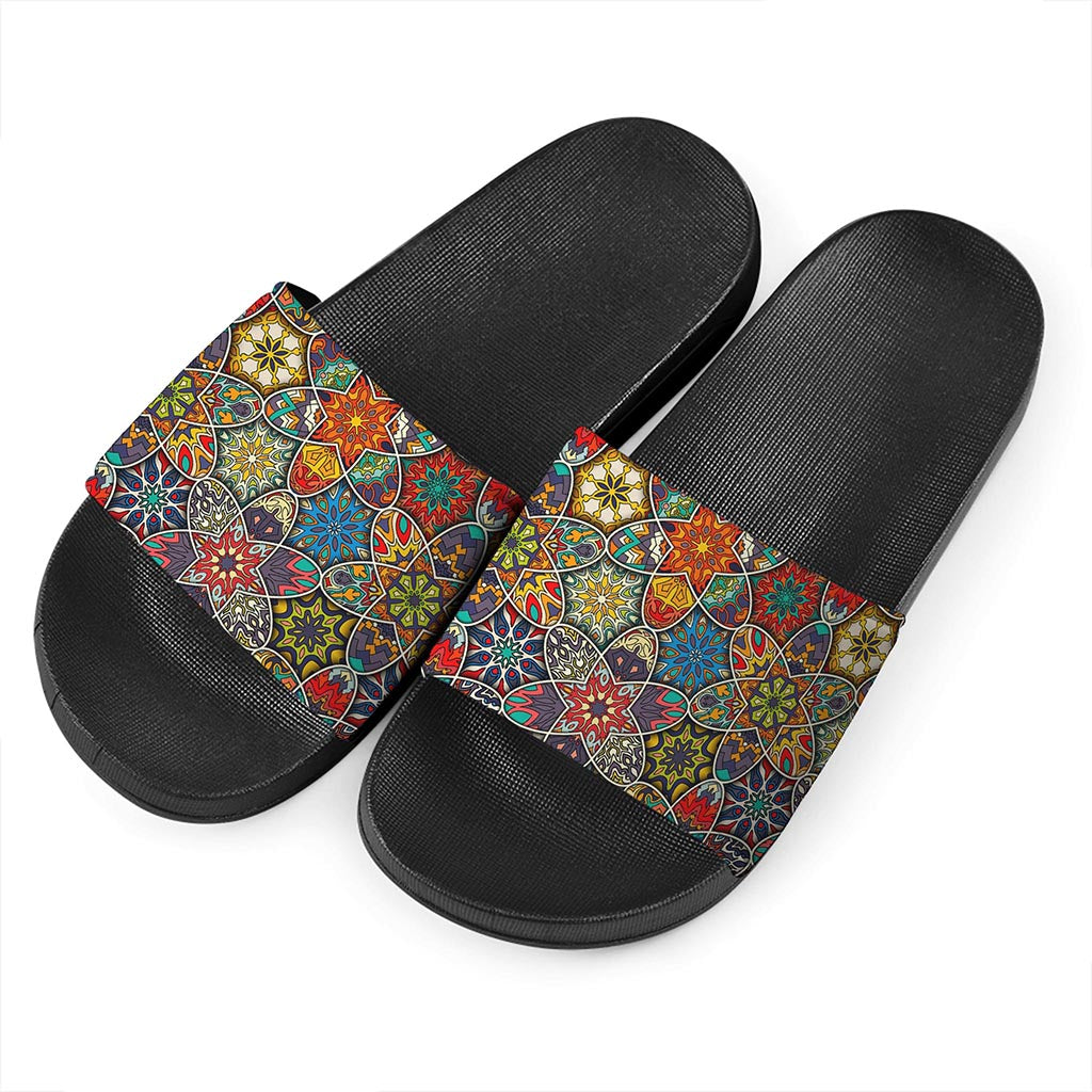 Mandala Star Bohemian Pattern Print Black Slide Sandals