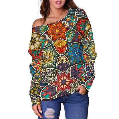 Mandala Star Bohemian Pattern Print Off Shoulder Sweatshirt GearFrost