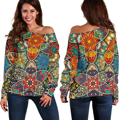 Mandala Star Bohemian Pattern Print Off Shoulder Sweatshirt GearFrost