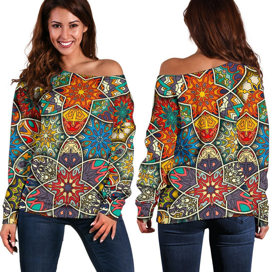 Mandala Star Bohemian Pattern Print Off Shoulder Sweatshirt GearFrost