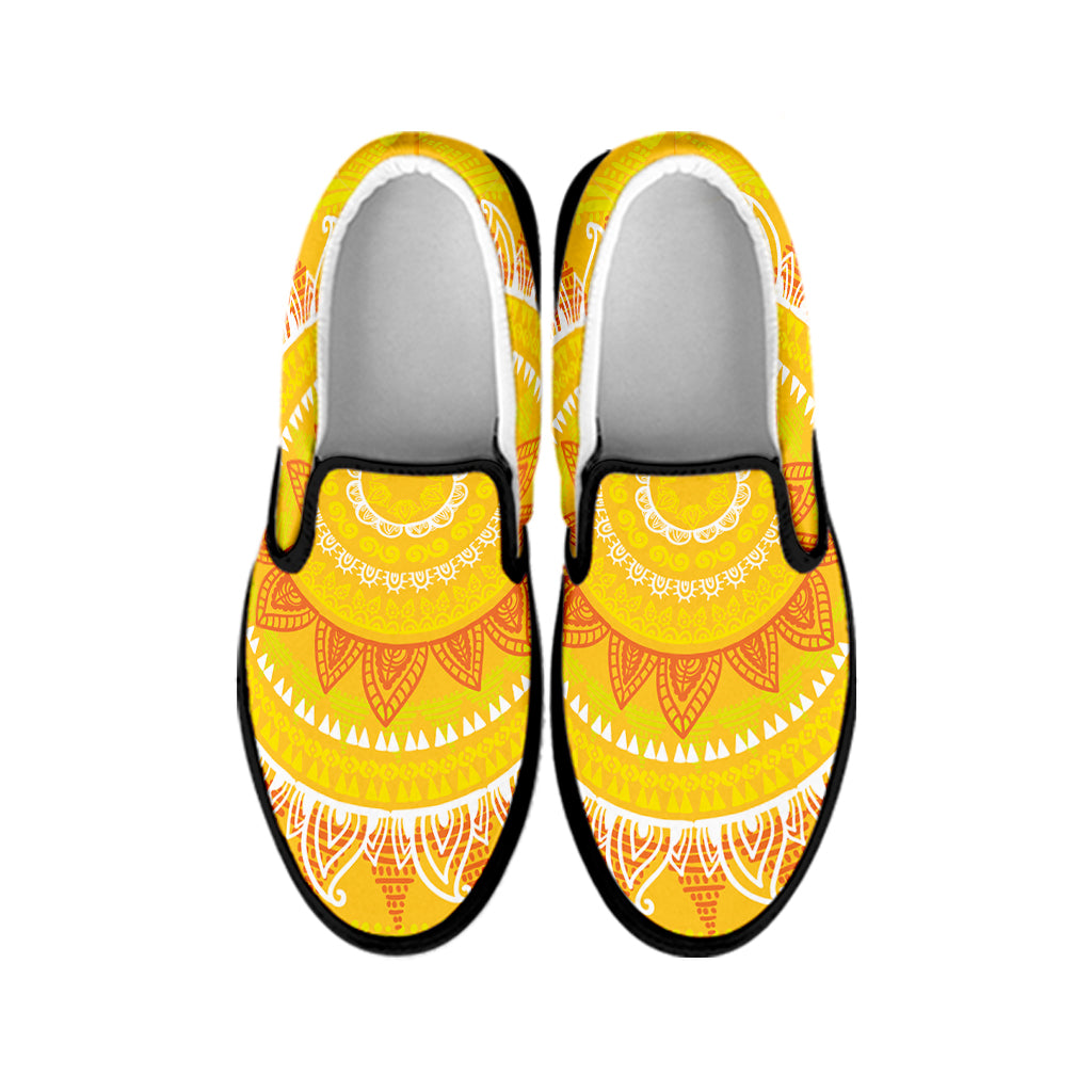Mandala Sun Print Black Slip On Shoes