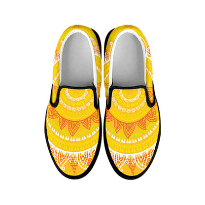 Mandala Sun Print Black Slip On Shoes