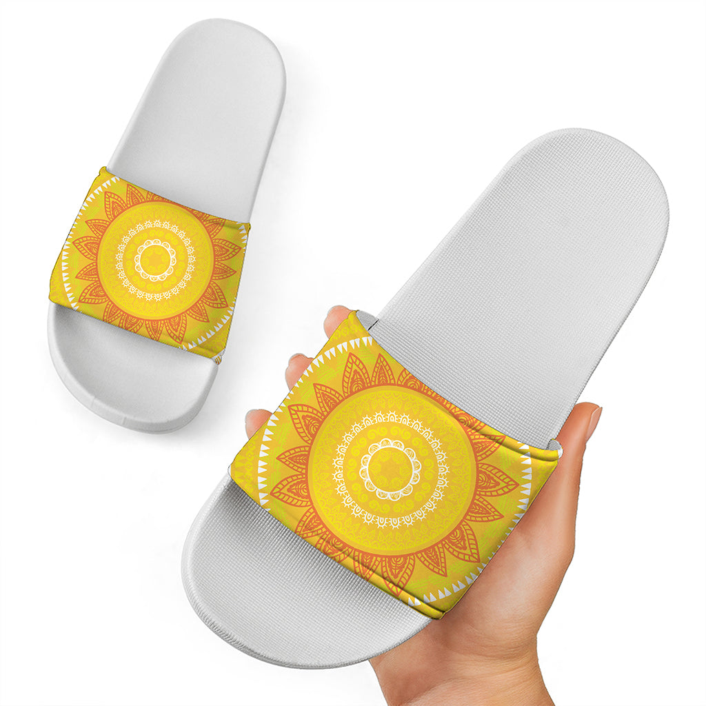 Mandala Sun Print White Slide Sandals