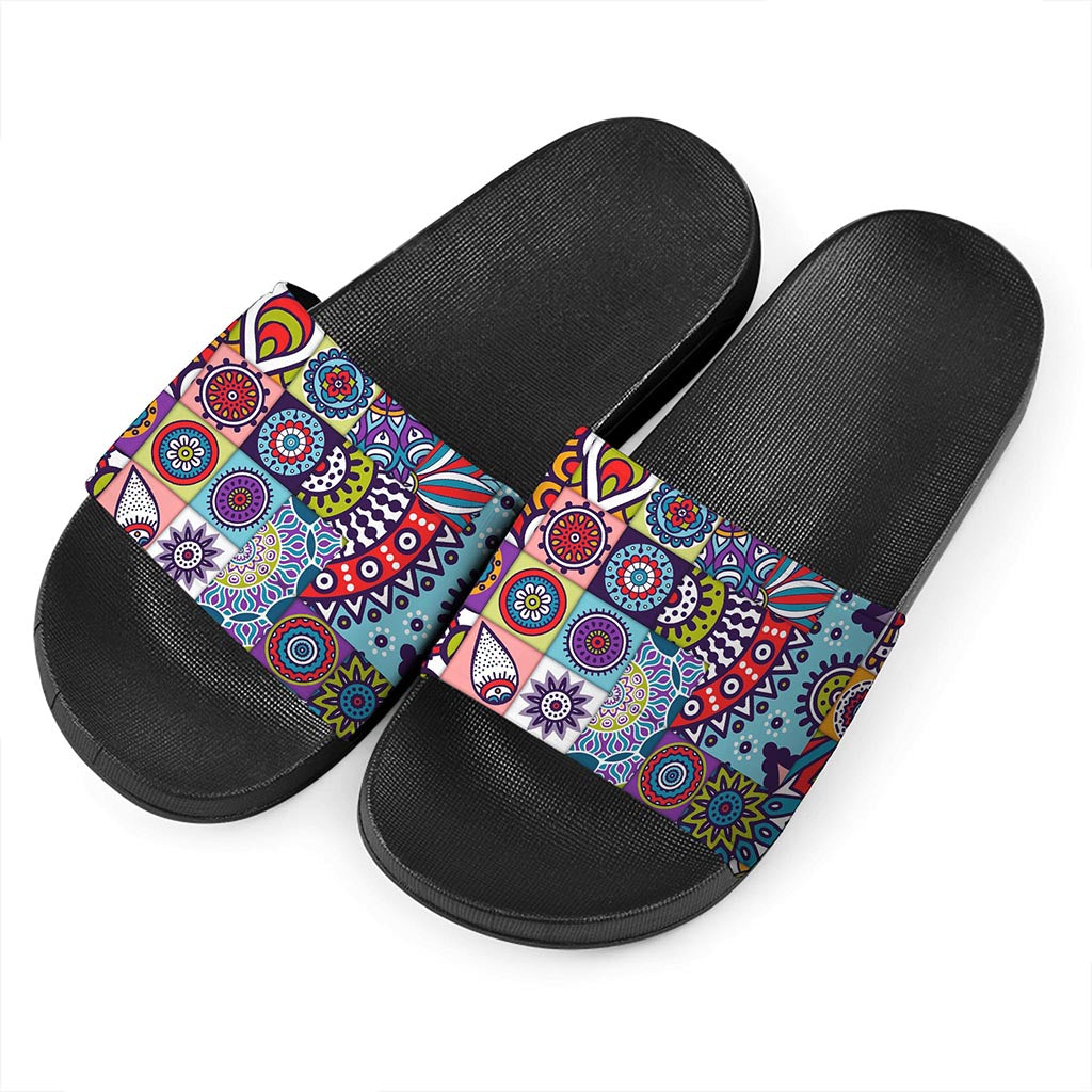 Mandala Tile Bohemian Pattern Print Black Slide Sandals