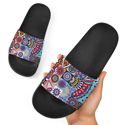 Mandala Tile Bohemian Pattern Print Black Slide Sandals