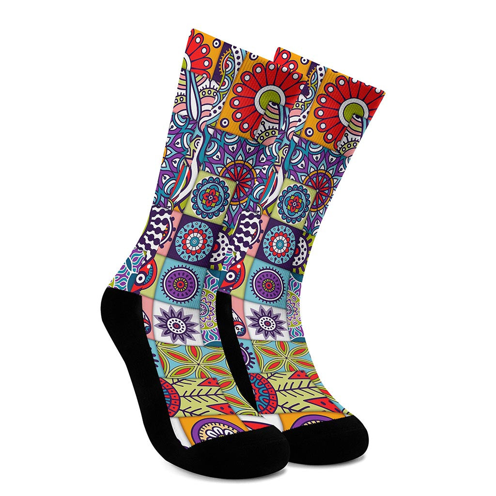 Mandala Tile Bohemian Pattern Print Crew Socks