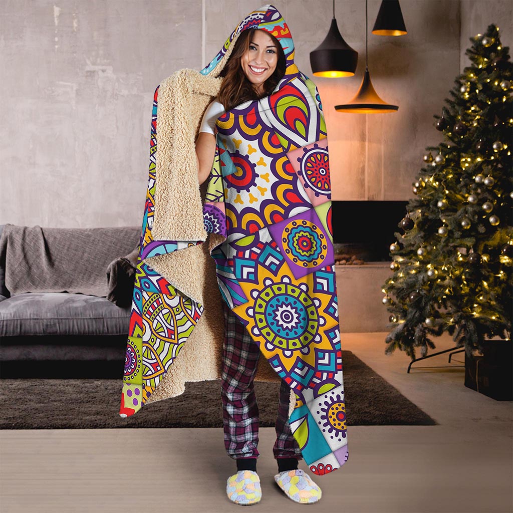 Mandala Tile Bohemian Pattern Print Hooded Blanket