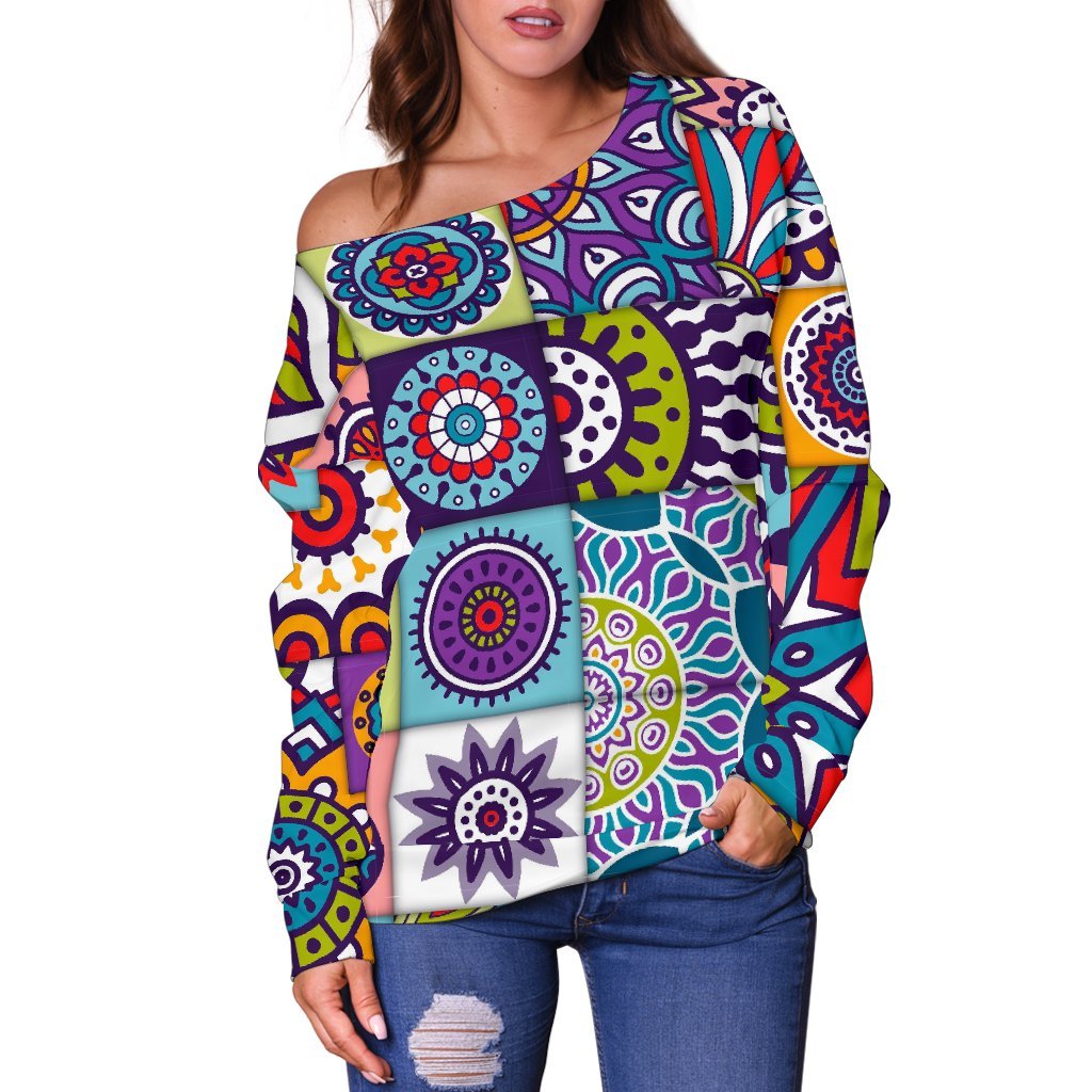 Mandala Tile Bohemian Pattern Print Off Shoulder Sweatshirt GearFrost