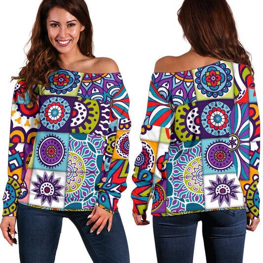 Mandala Tile Bohemian Pattern Print Off Shoulder Sweatshirt GearFrost