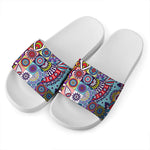 Mandala Tile Bohemian Pattern Print White Slide Sandals