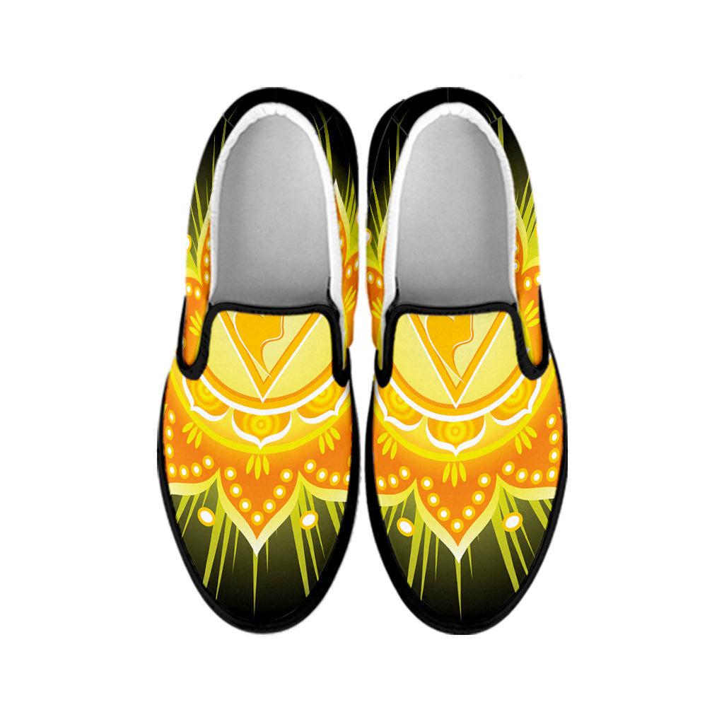Manipura Chakra Mandala Print Black Slip On Shoes