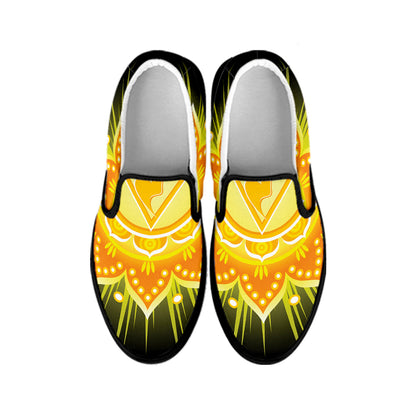 Manipura Chakra Mandala Print Black Slip On Shoes