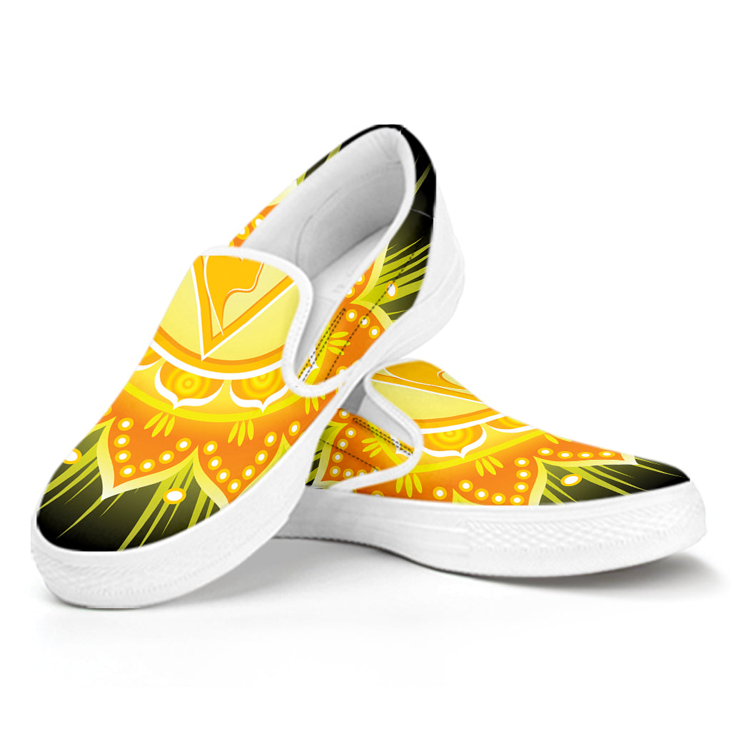 Manipura Chakra Mandala Print White Slip On Shoes