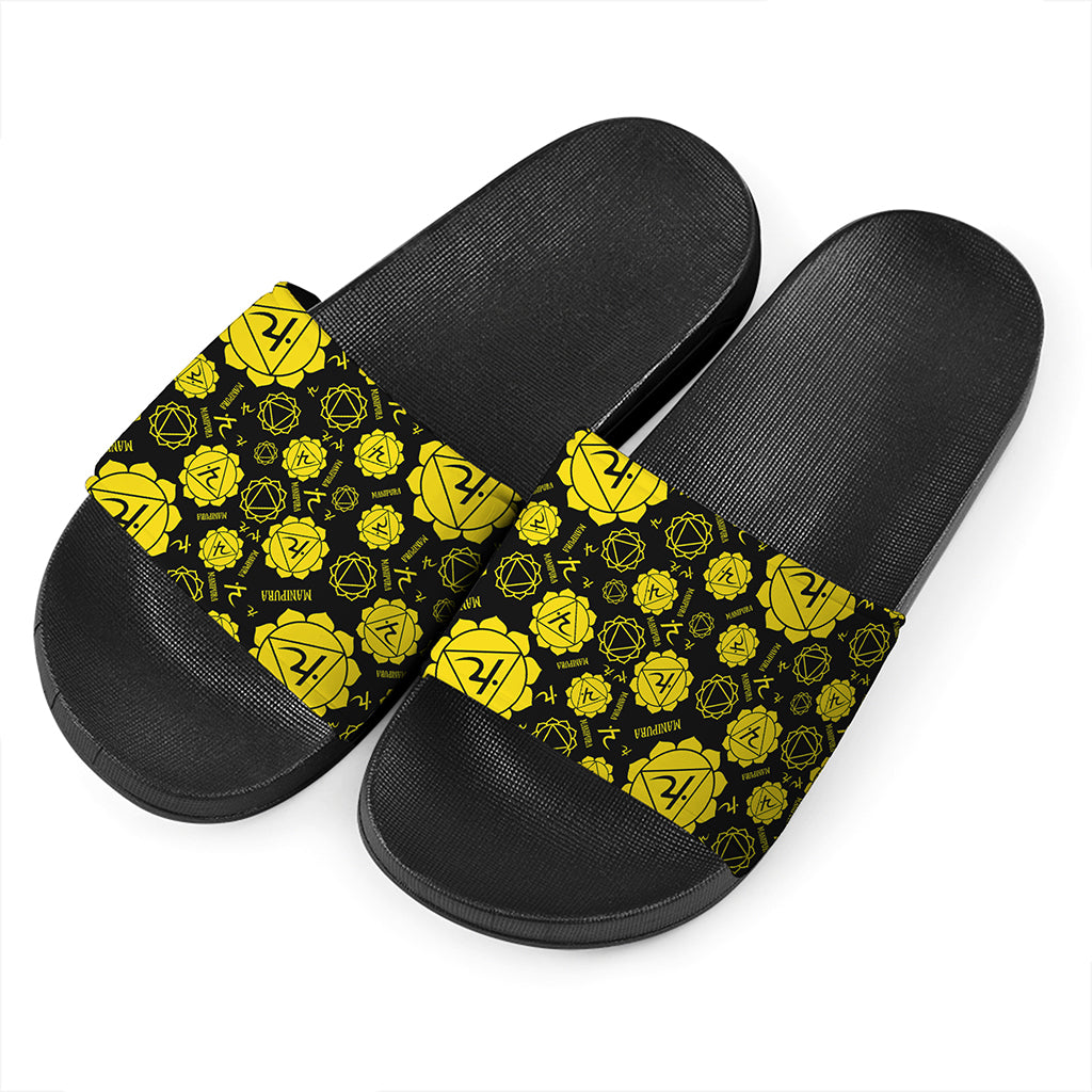 Manipura Chakra Pattern Print Black Slide Sandals