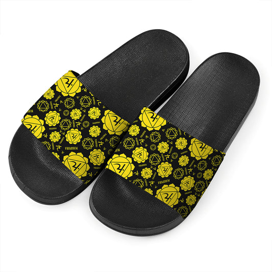 Manipura Chakra Pattern Print Black Slide Sandals