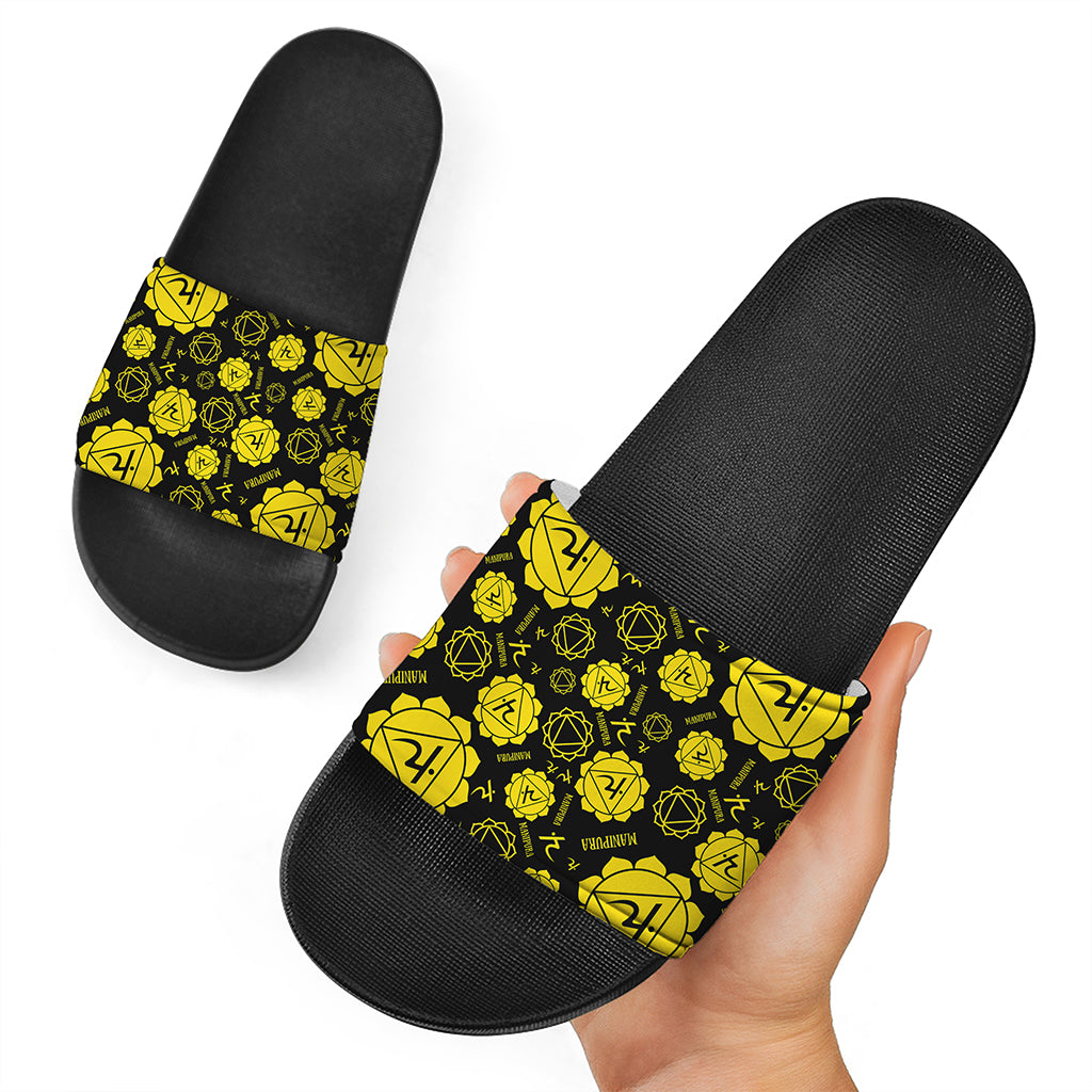 Manipura Chakra Pattern Print Black Slide Sandals