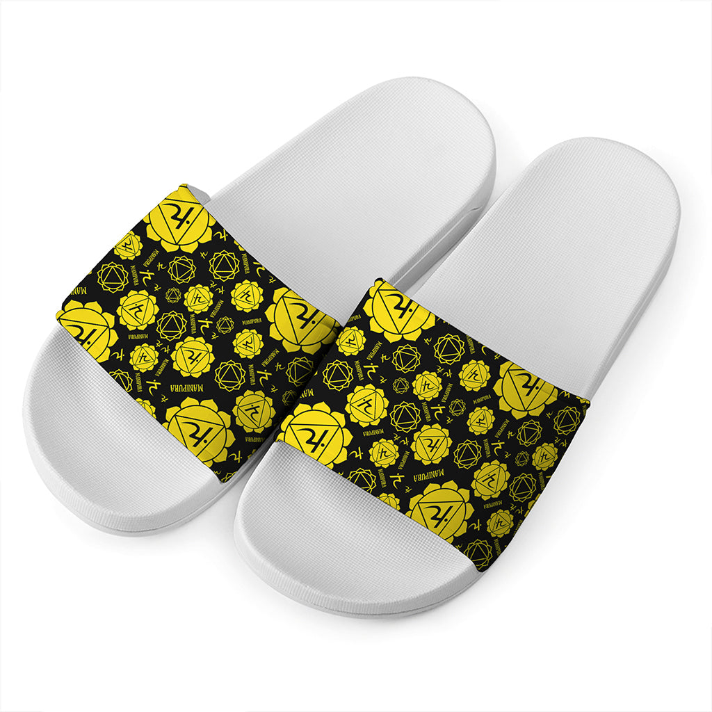 Manipura Chakra Pattern Print White Slide Sandals