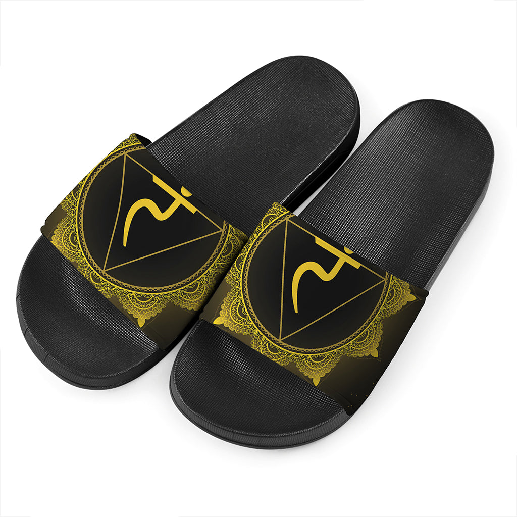 Manipura Chakra Symbol Print Black Slide Sandals