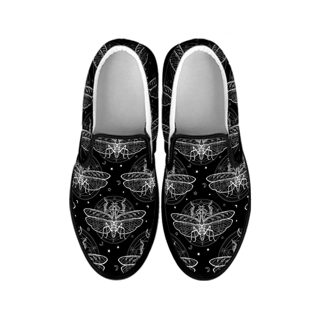 Mantis Spirit Animal Pattern Print Black Slip On Shoes