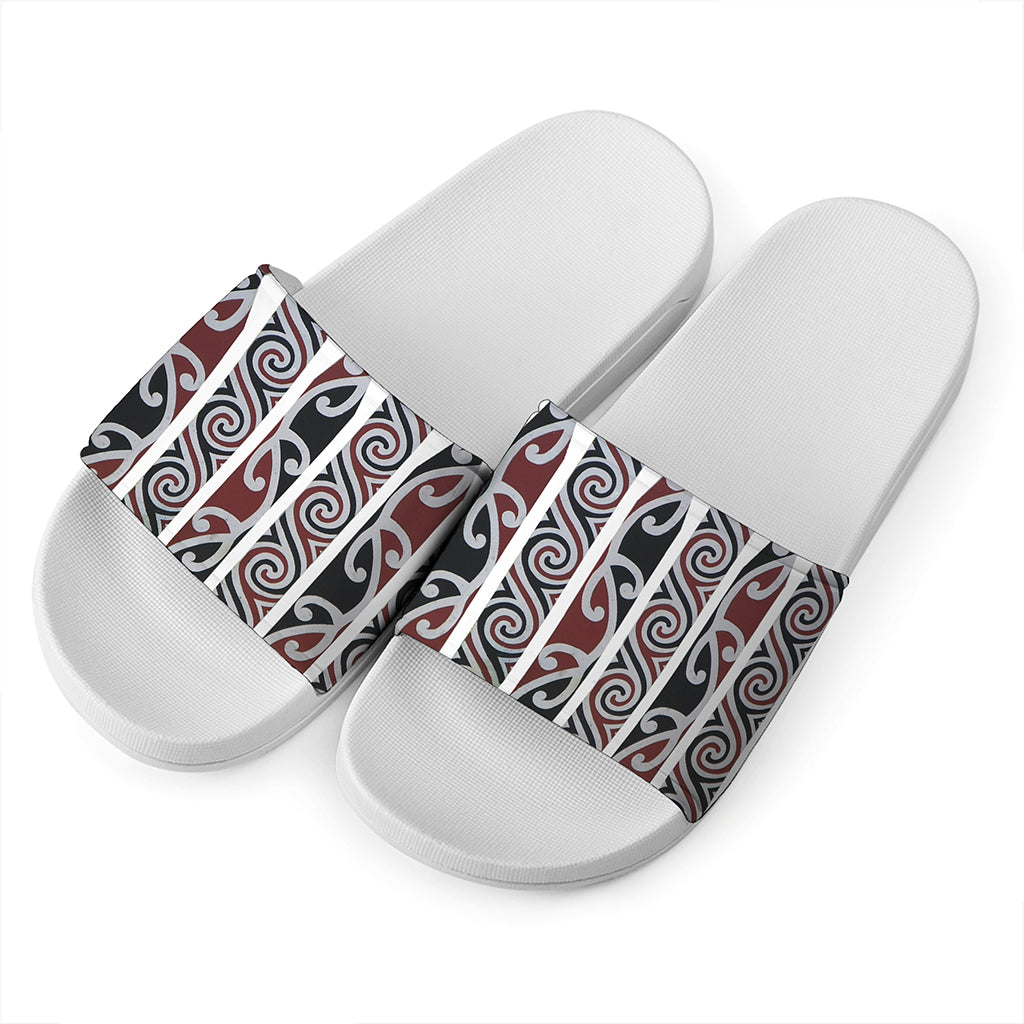Maori Fence Print White Slide Sandals