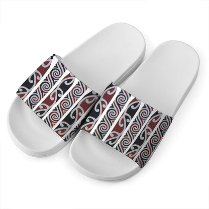 Maori Fence Print White Slide Sandals