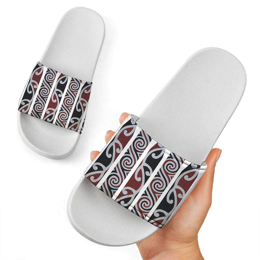 Maori Fence Print White Slide Sandals