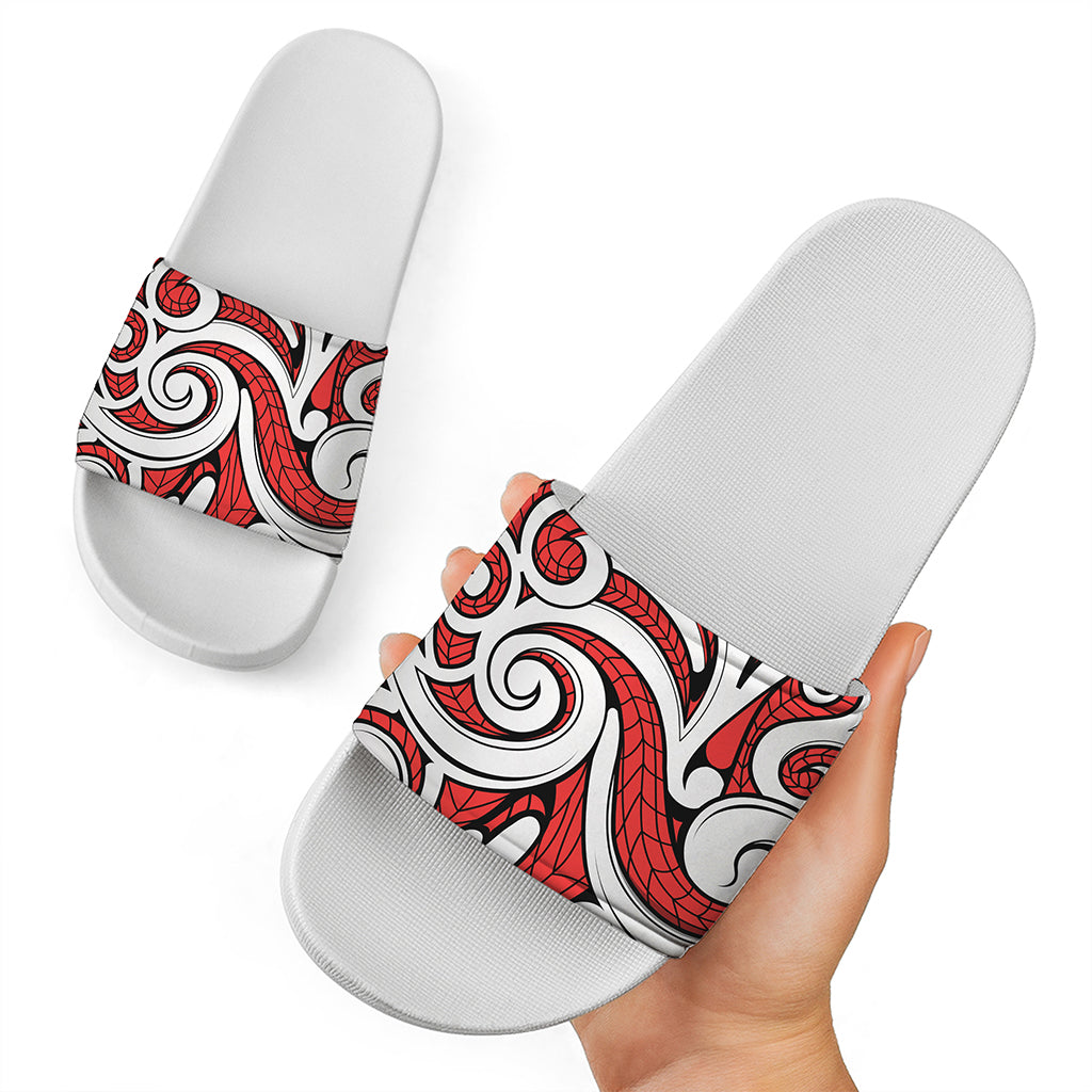 Maori Kowhaiwhai Tribal Polynesian Print White Slide Sandals