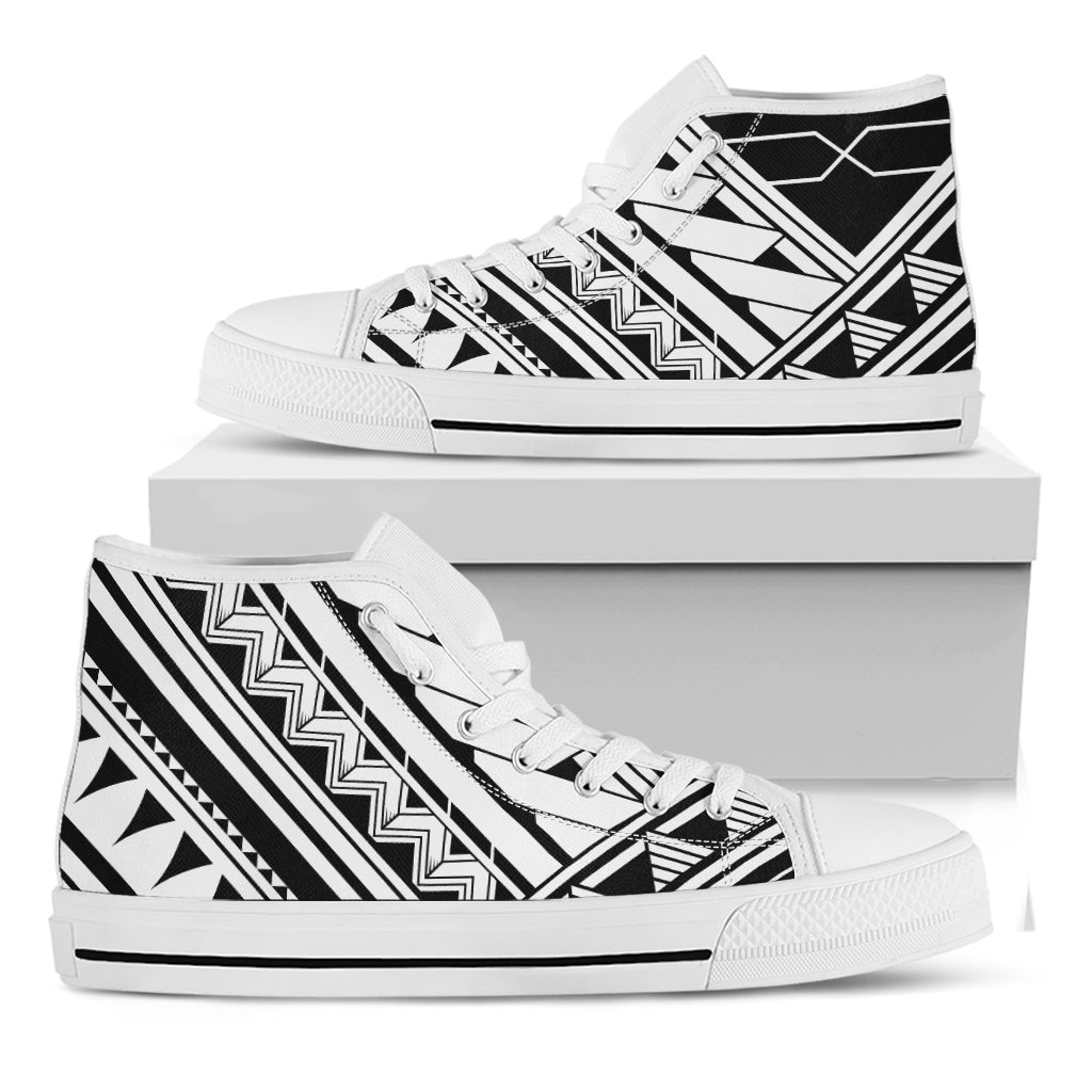 Maori Polynesian Tattoo Pattern Print White High Top Shoes