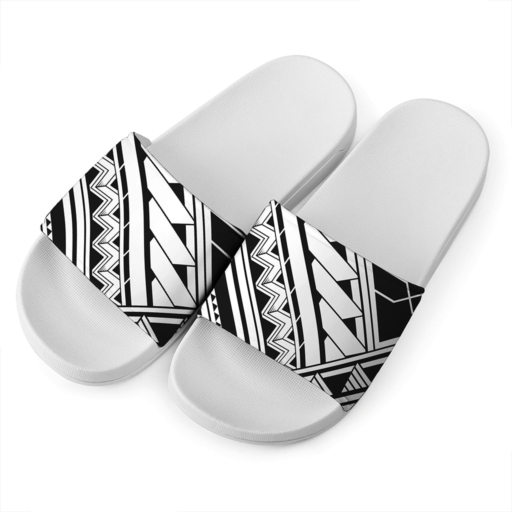 Maori Polynesian Tattoo Pattern Print White Slide Sandals