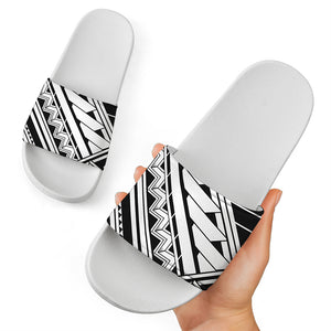 Maori Polynesian Tattoo Pattern Print White Slide Sandals