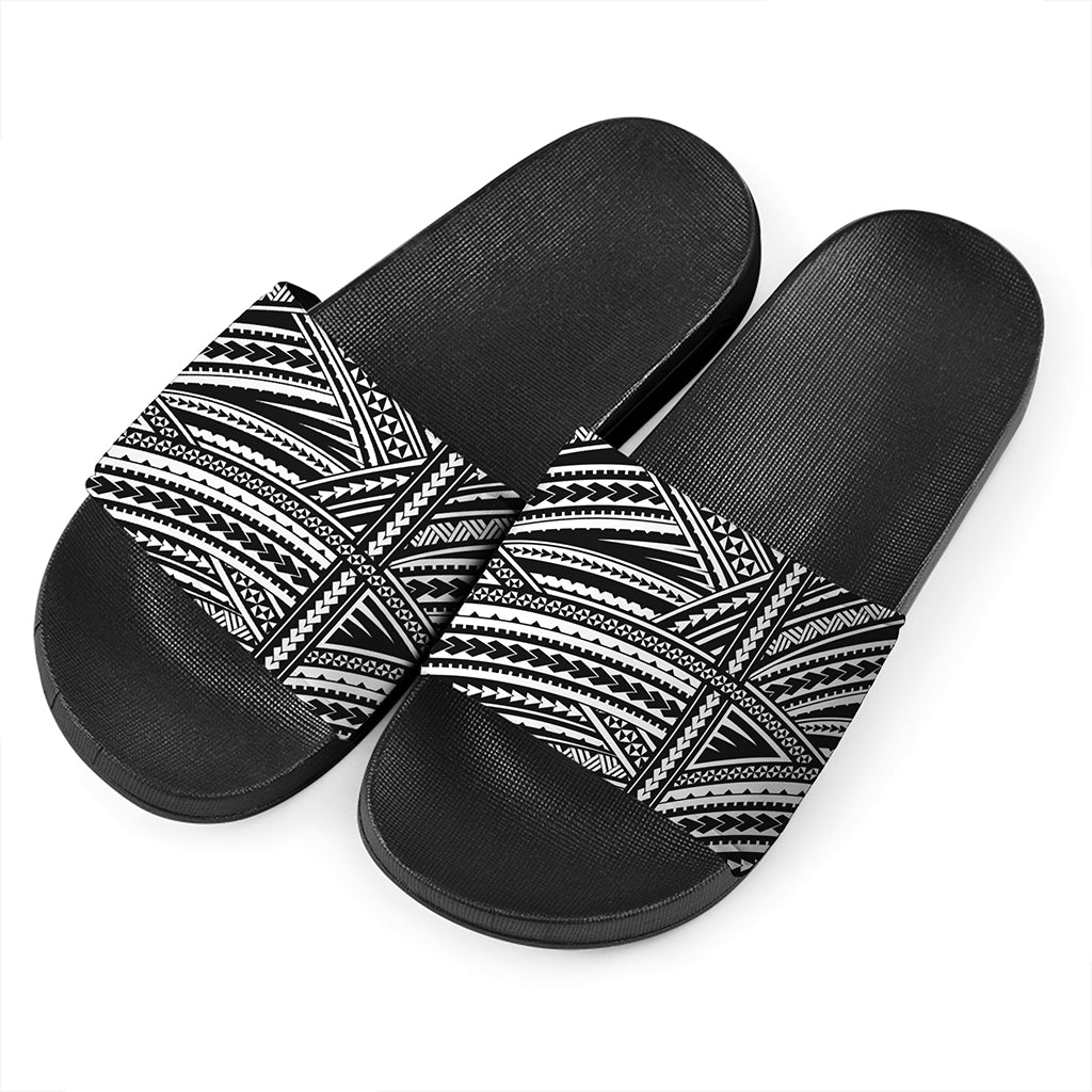 Maori Polynesian Tribal Tattoo Print Black Slide Sandals