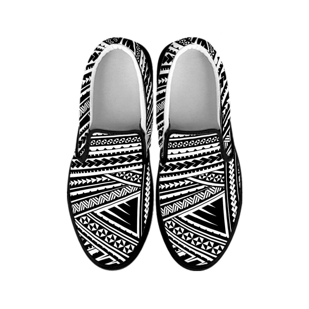 Maori Polynesian Tribal Tattoo Print Black Slip On Shoes