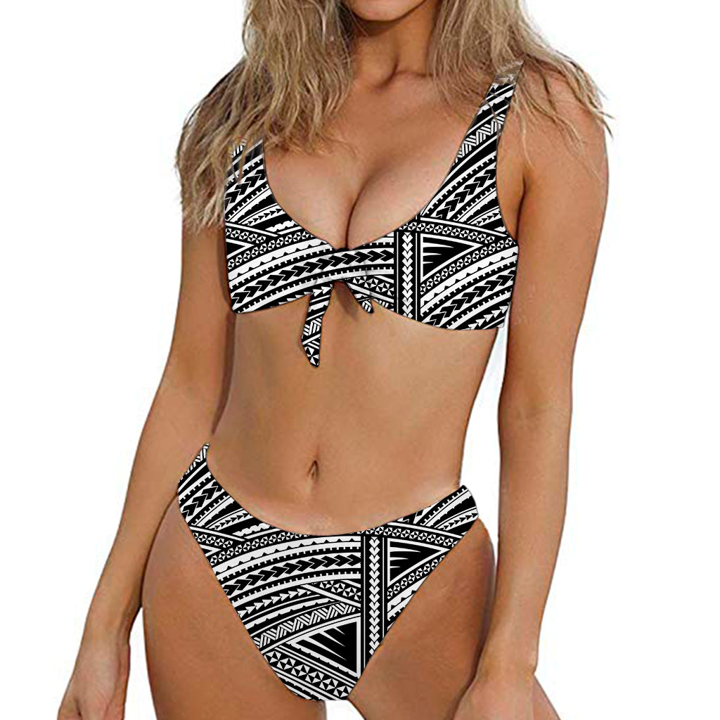 Maori Polynesian Tribal Tattoo Print Front Bow Tie Bikini