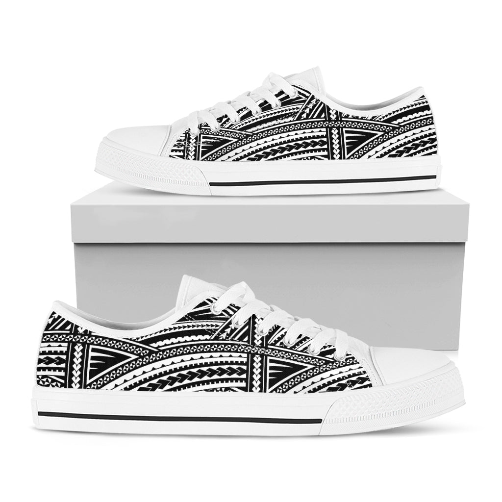 Maori Polynesian Tribal Tattoo Print White Low Top Shoes