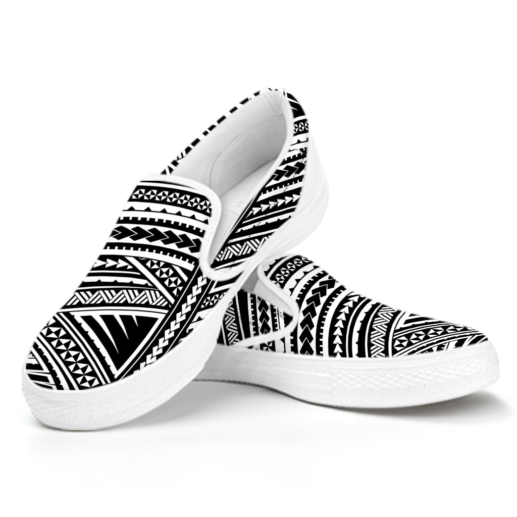 Maori Polynesian Tribal Tattoo Print White Slip On Shoes