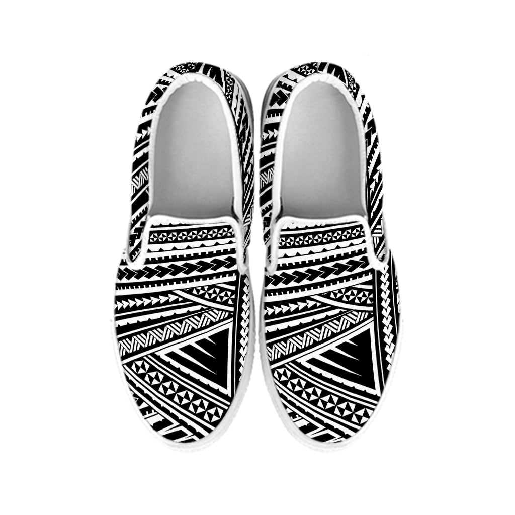 Maori Polynesian Tribal Tattoo Print White Slip On Shoes