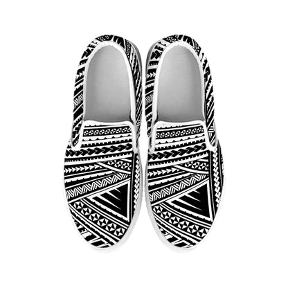 Maori Polynesian Tribal Tattoo Print White Slip On Shoes