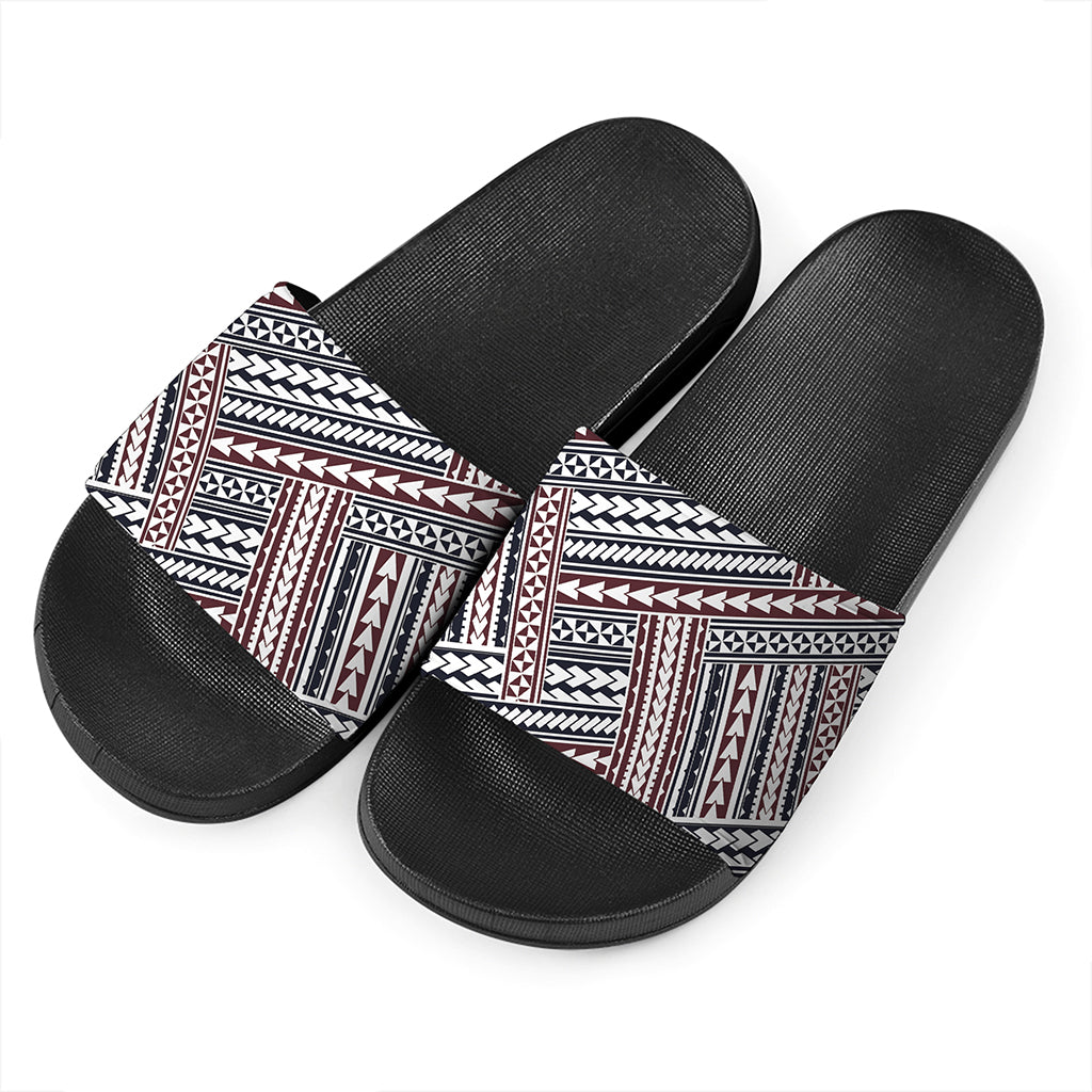 Maori Tribal Pattern Print Black Slide Sandals