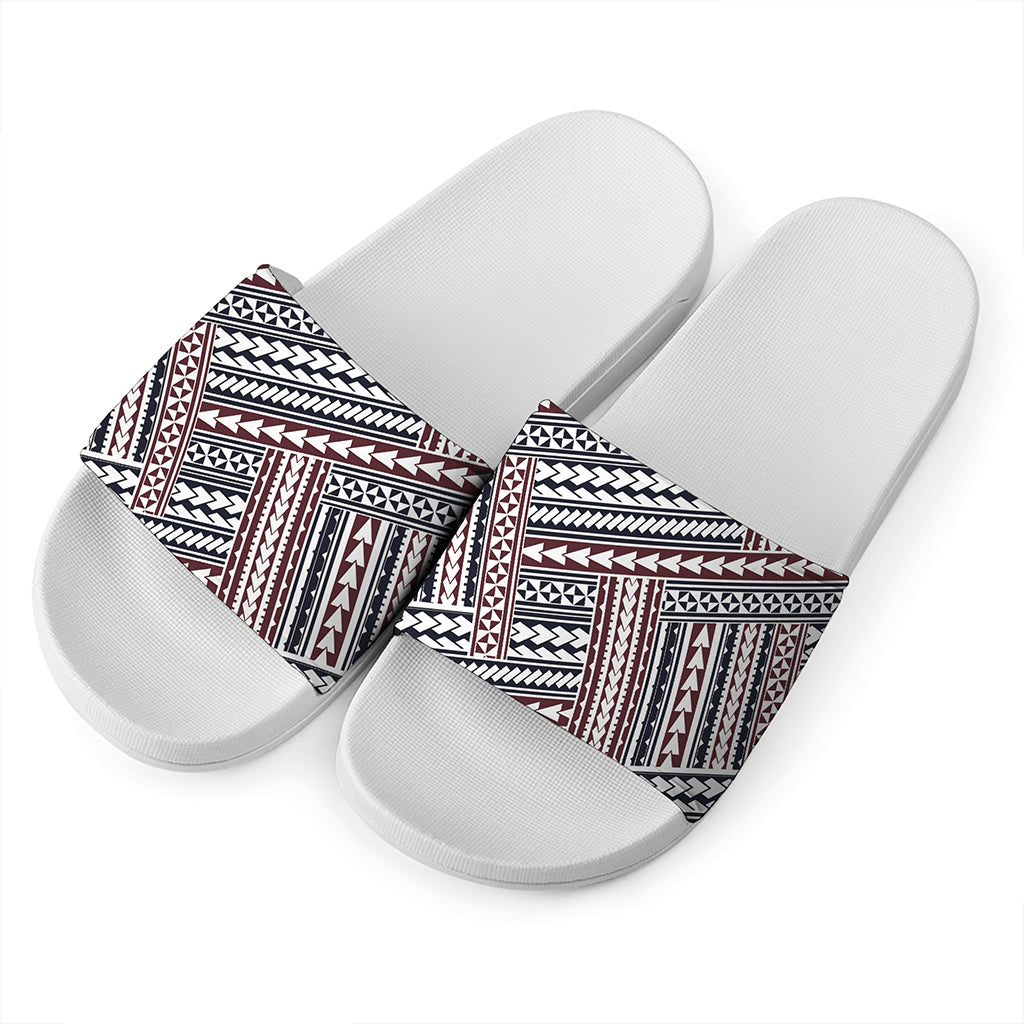 Maori Tribal Pattern Print White Slide Sandals