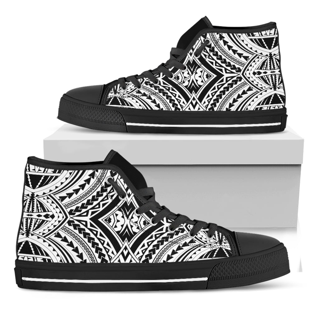 Maori Tribal Polynesian Tattoo Print Black High Top Shoes