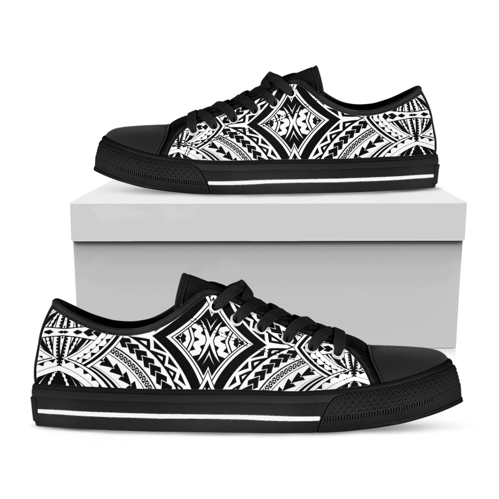 Maori Tribal Polynesian Tattoo Print Black Low Top Shoes