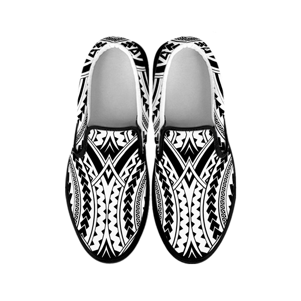 Maori Tribal Polynesian Tattoo Print Black Slip On Shoes